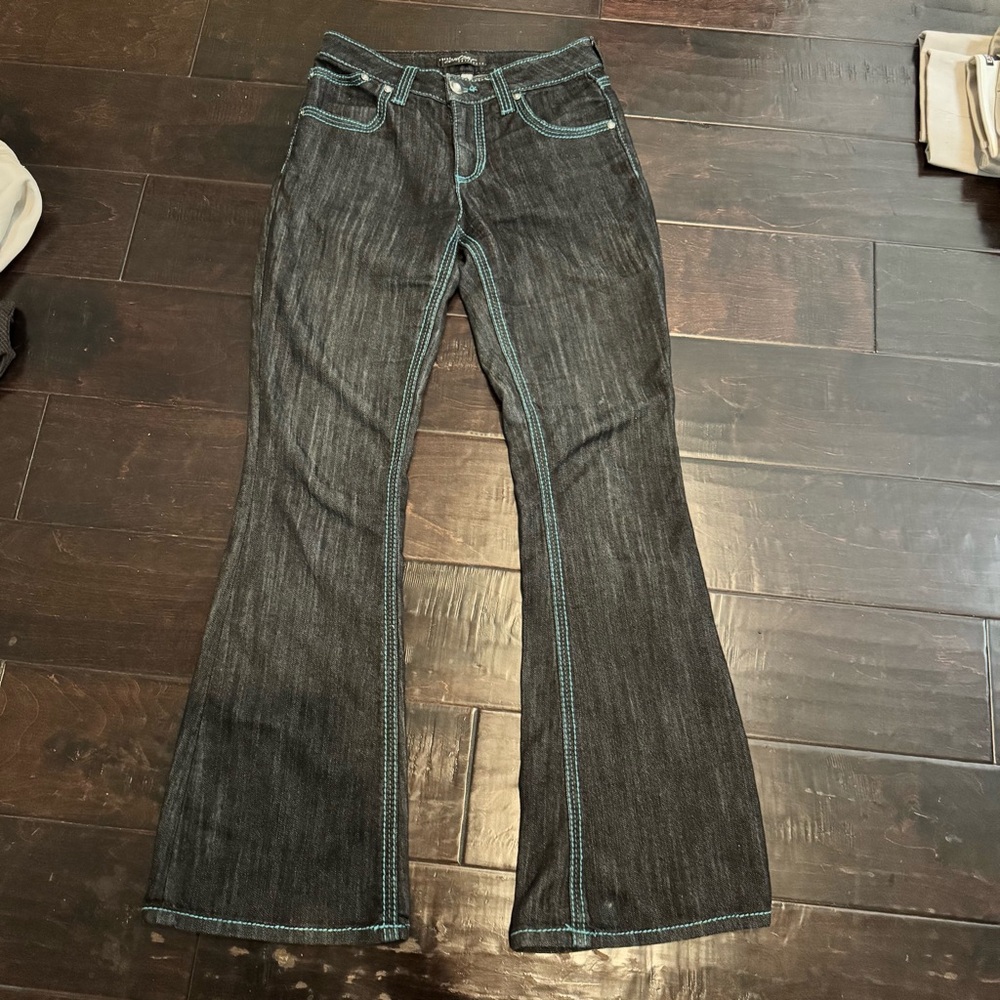 Vtg Y2K Cache Contour Collection Black bootcut Flare Jeans turquoise Stitching
